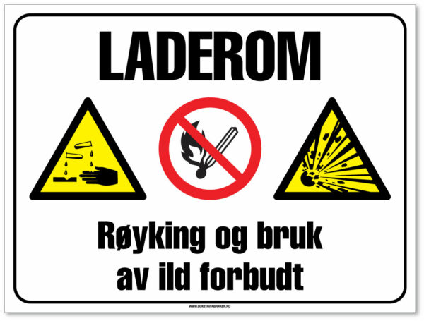 Byggeplasskilt som forteller at det er laderom og røyking og bruk av ild er forbudt