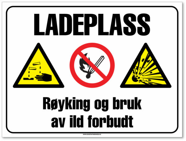 Byggeplasskilt som forteller at det er ladeplass og all bruk av ild er forbudt