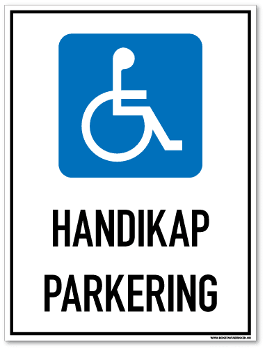 Handikap parkering skilt som med symbol og tekst forteller at det er parkering for handikappede