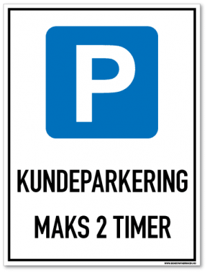 Parkeringsskilt som med symbol og tekst forteller at det er parkering for kunder i maks to timer
