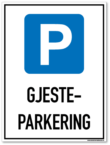 Gjesteparkering skilt med symbol og tekst som forteller at det er parkering for gjester