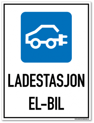 Ladestasjon El-bil skilt som med symbol og tekst forteller at det er ladestasjon for elbil