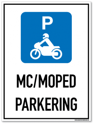 Parkeringsskilt som med symbol og tekst forteller at det er mc/mopedparkering