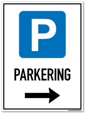 Parkeringsskilt som viser at det er tillatt å parkere til høyre for skiltet