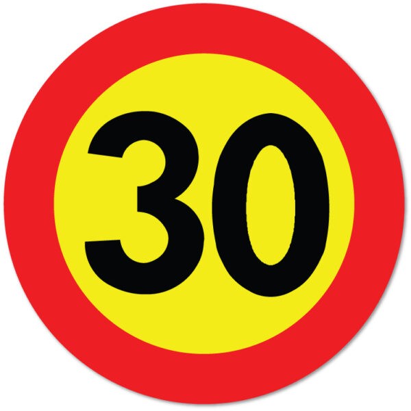 Arbeidsvarsling skilt som forteller at fartsgrensen er 30 km/t